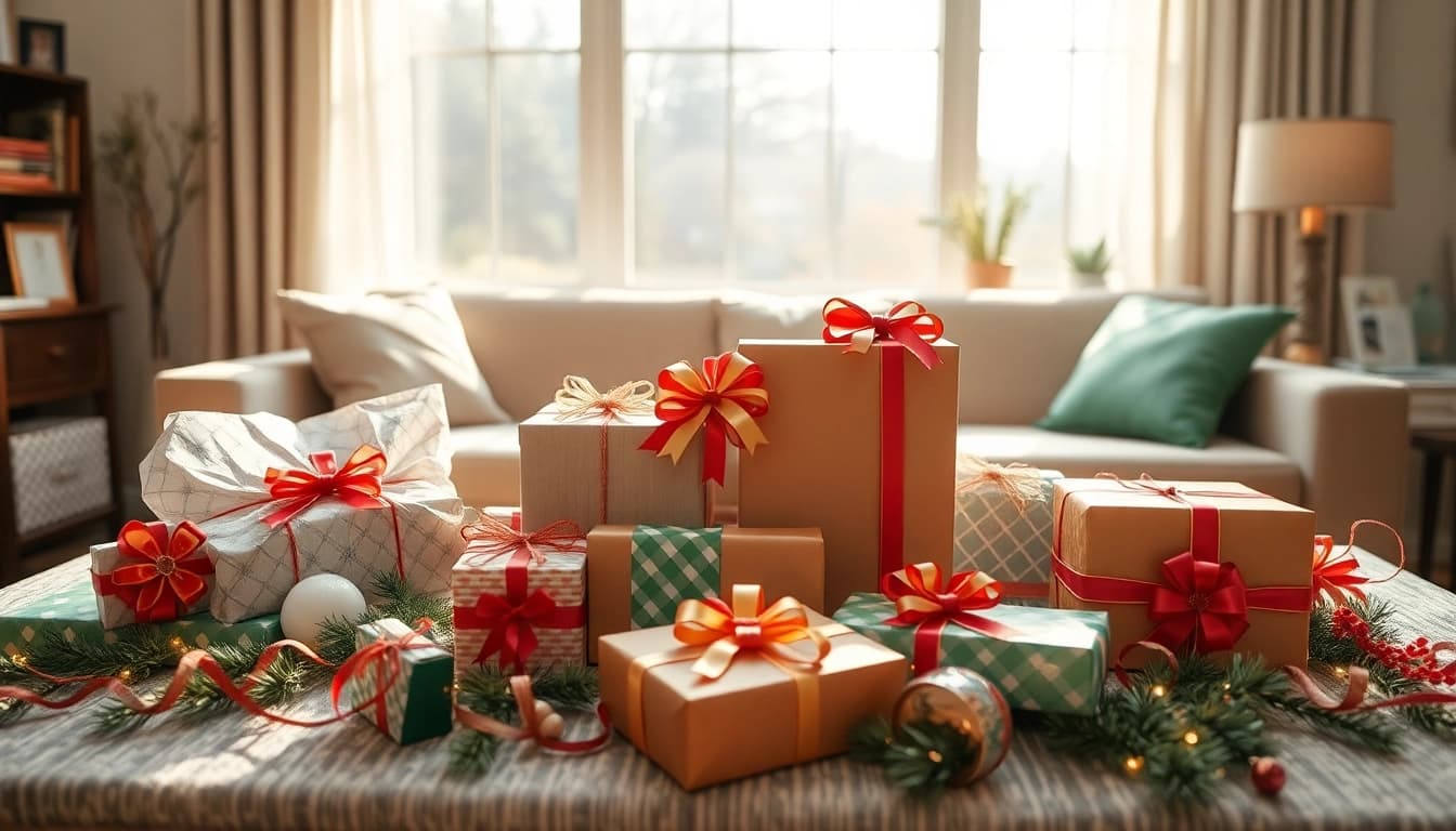 Vielfältige Geschenkideen auf festlichem Tisch arrangiert, perfekt für jeden Anlass.