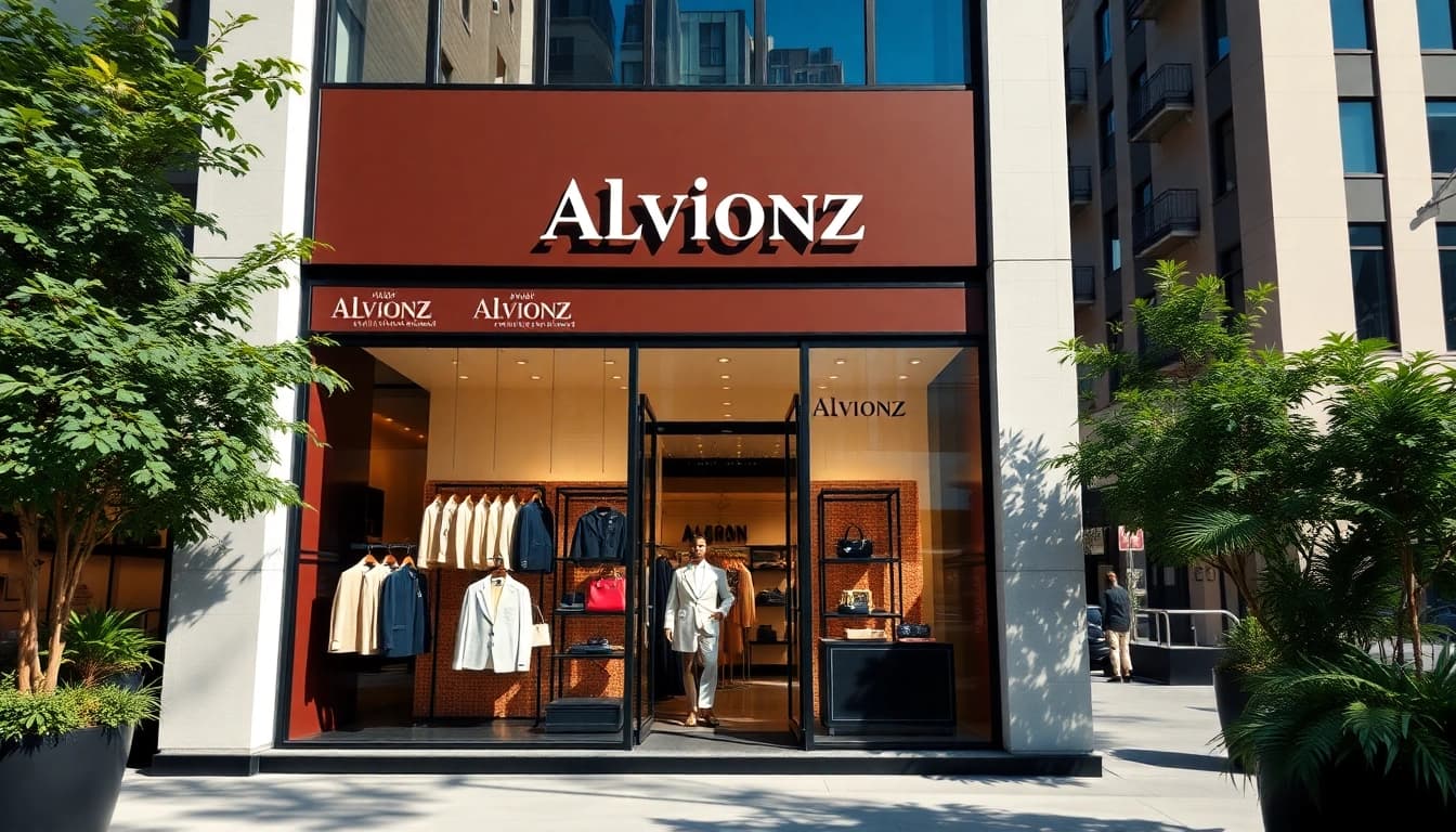 Alvionz luxury fashion store display featuring exquisite garments in a vibrant urban setting.
