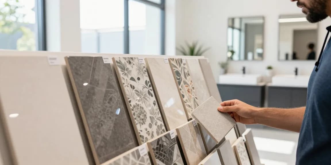 Kiezen van stijlvolle tegels badkamer in een moderne showroom met verschillende kleuren en texturen.