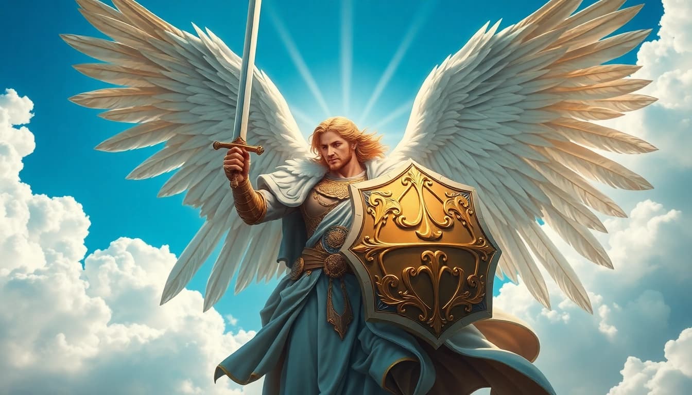 Erzengel Michael, kraftvoll und schützend, in einer himmlischen Szene dargestellt.
