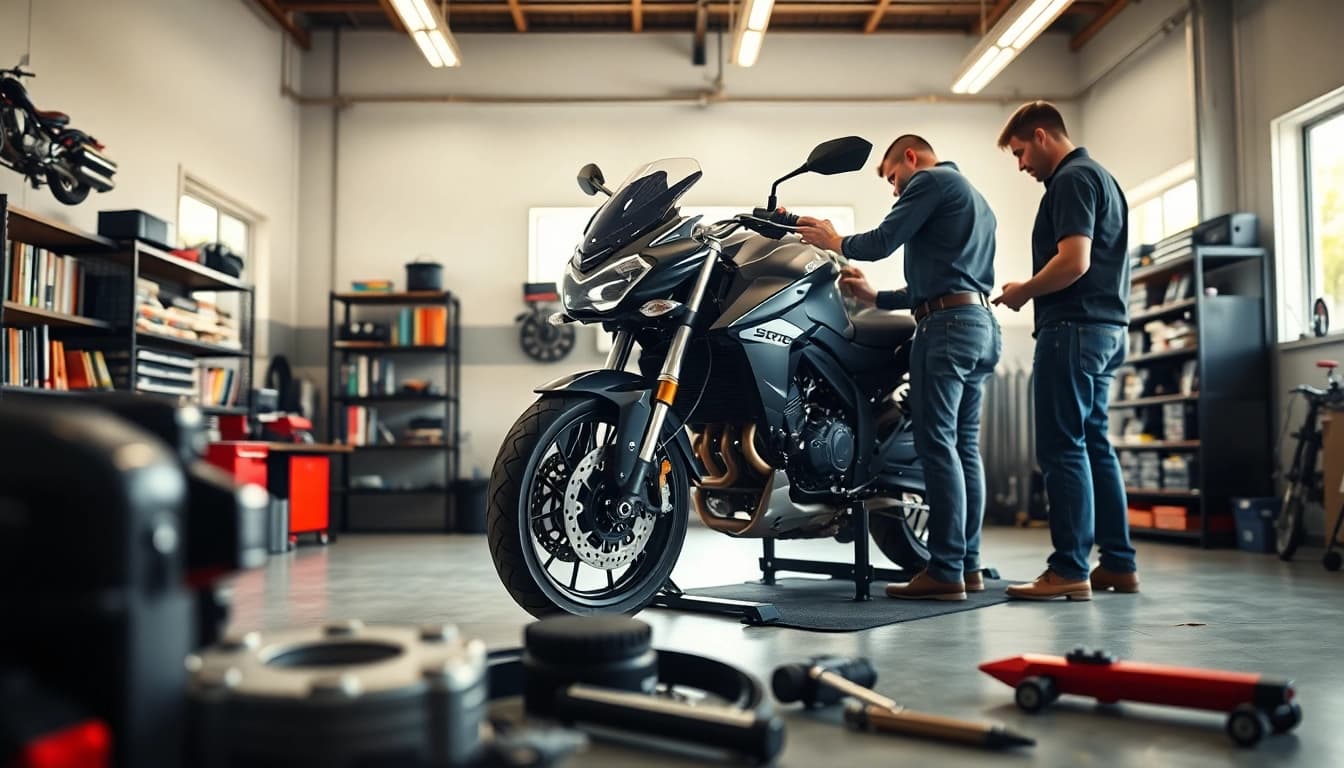 Motorradgutachten Augsburg bei einer professionellen Inspektion in einer hellen Garage.