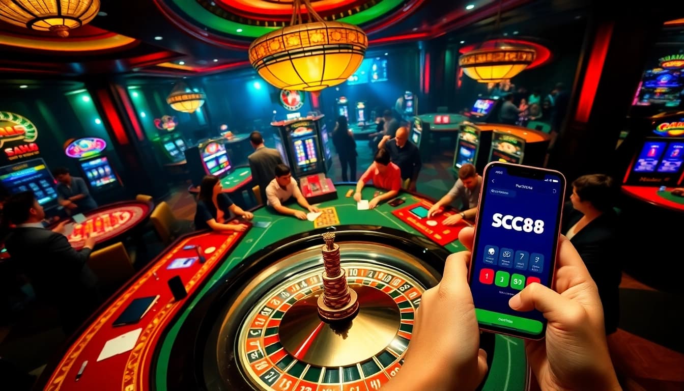 Exciting casino experience showcasing SC88 with players engaging at tables and slot machines.