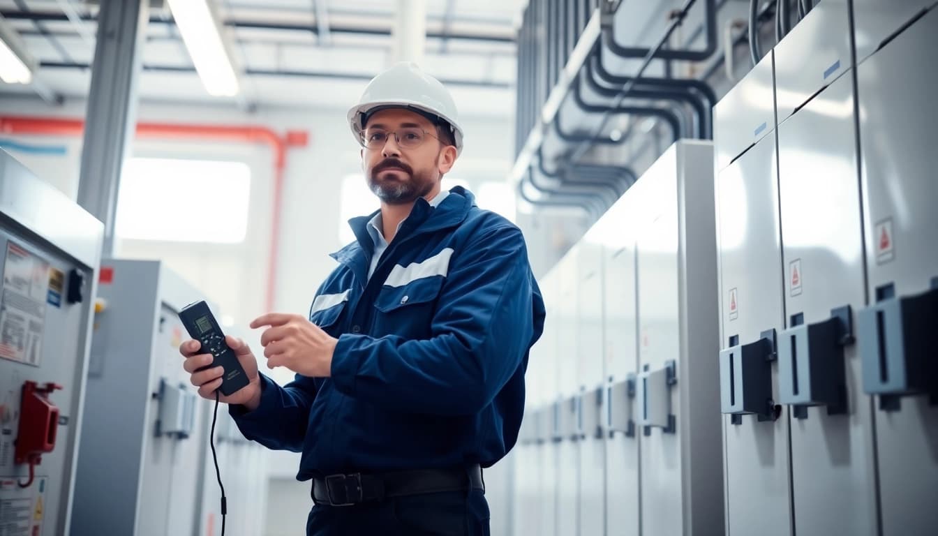 Electrician performing a DGUV V3 Prüfung on electrical equipment, ensuring workplace safety and compliance.