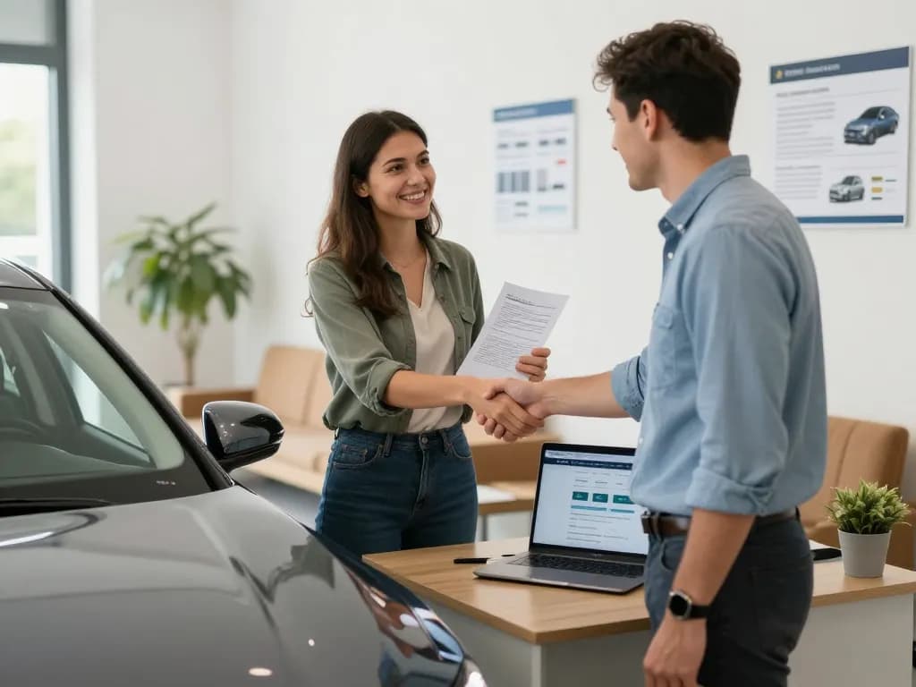 Auto Ankauf Service, der einen glücklichen Kunden zeigt, der einem Vertreter die Hand schüttelt, und Vertrauen sowie Zufriedenheit verkörpert.