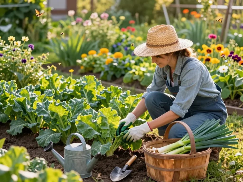 Gardener tending to lauchpflanzen in a vibrant outdoor garden during golden hour.