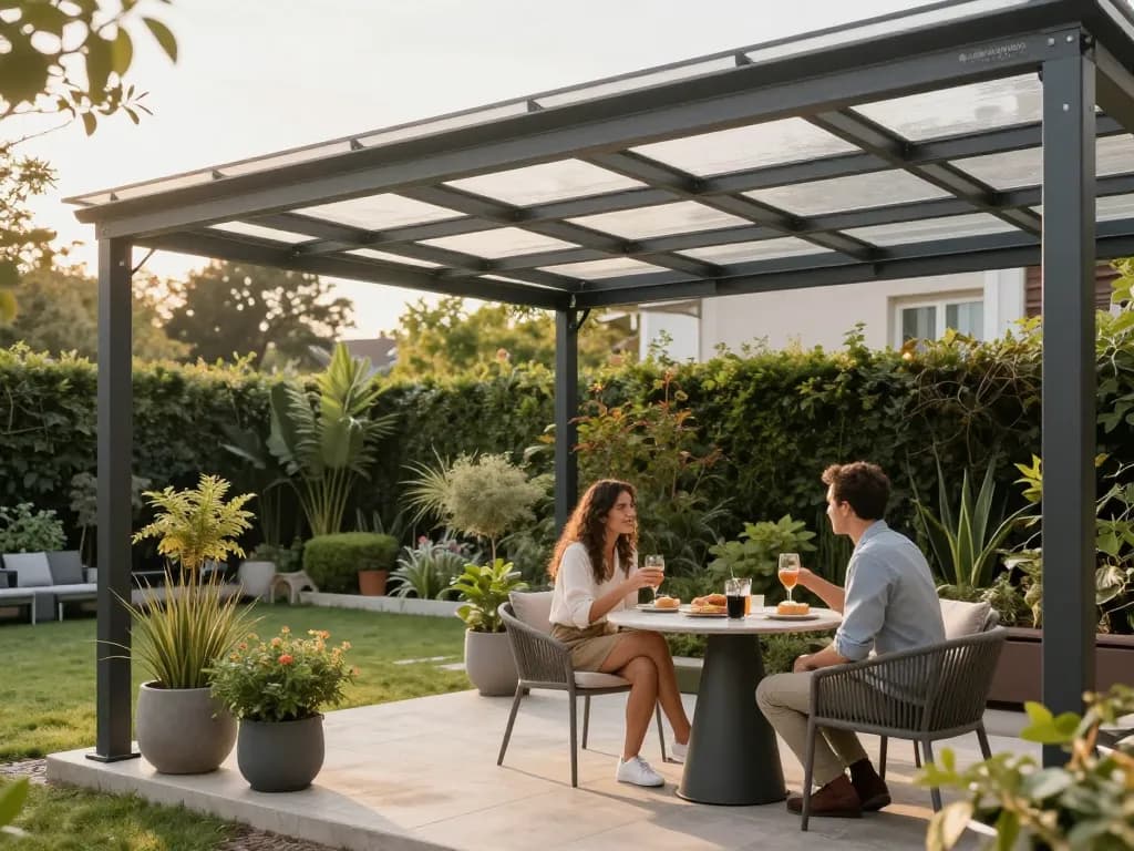 Stilvolle Außen terrasse mit einer Terrassenüberdachung, die Schatten über einem Paar bietet, das Erfrischungen inmitten einer wunderschönen Gartenlandschaft genießt.