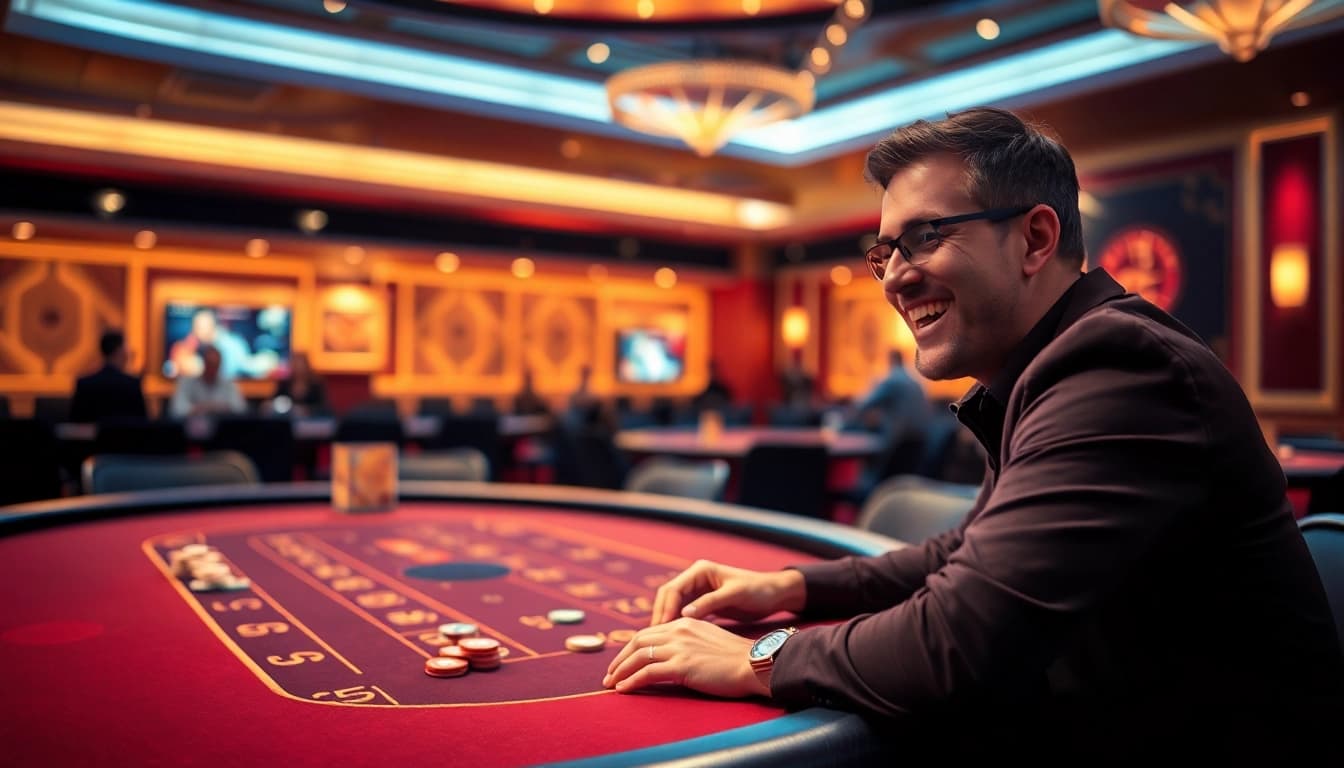 Genießen Sie einen Casino Bonus während eines aufregenden Spiels an einem Tisch voller Chips und Freude.