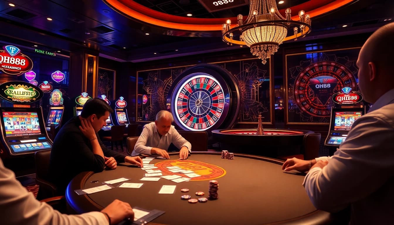 Players engaging at a qh88 poker table amidst vibrant casino chaos.