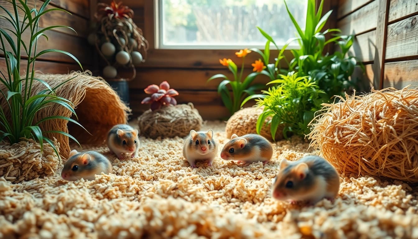 Hanfmatte im gemütlichen Tiergehege mit lebhaften Pflanzen und Tieren erkunden.