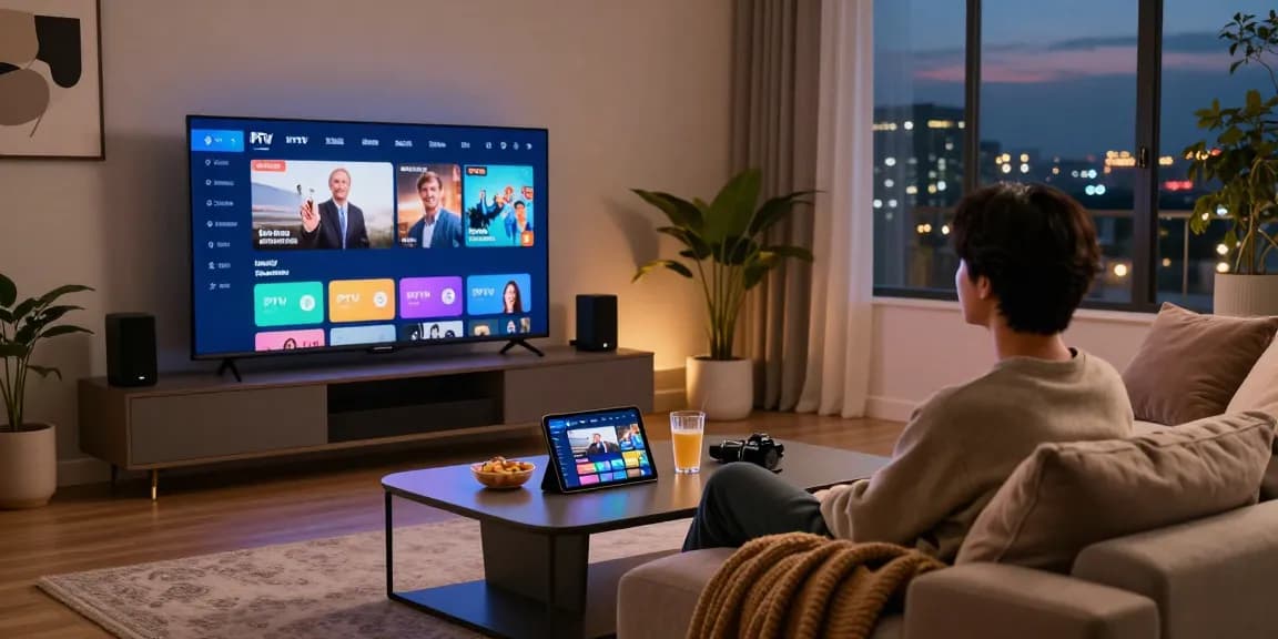 Erleben Sie den IPTV Smart Player in einer modernen Wohnzimmerszene mit gemütlicher Atmosphäre und digitalem Entertainment.