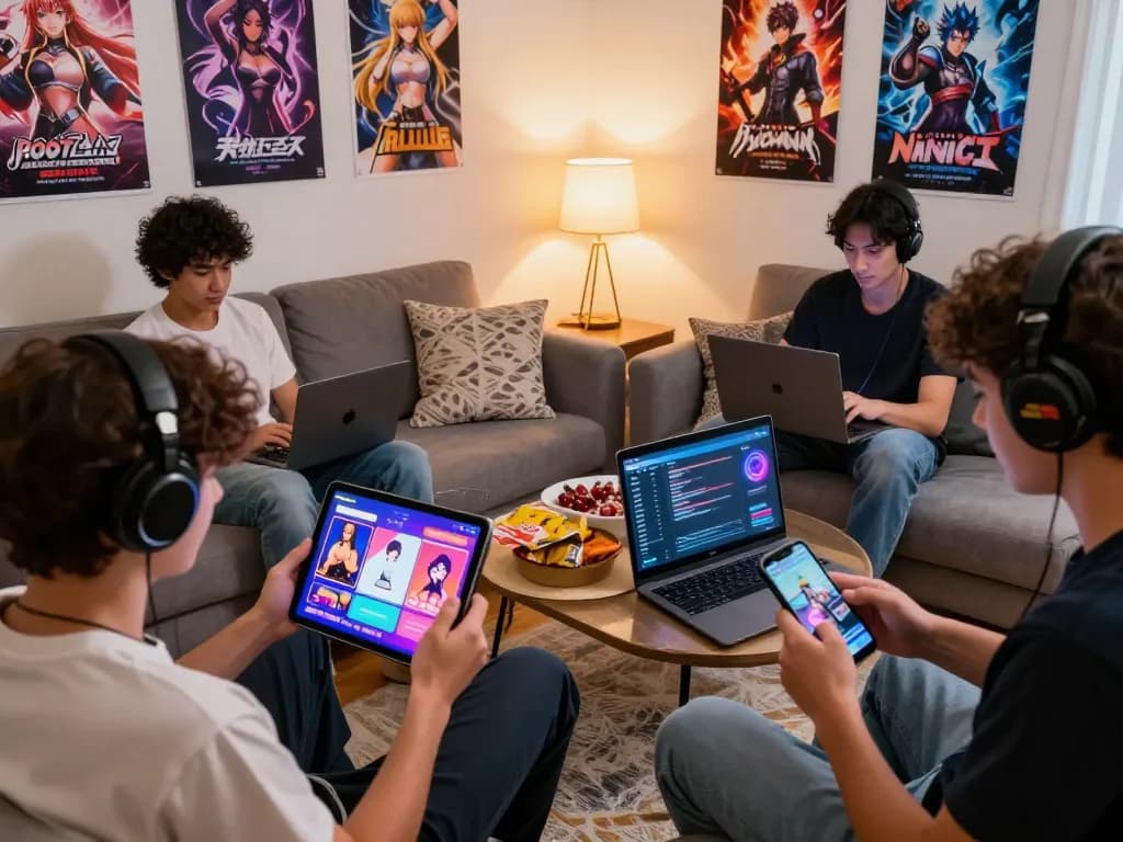 Group enjoying various porn ganes in a cozy living room with vibrant game displays and snacks.