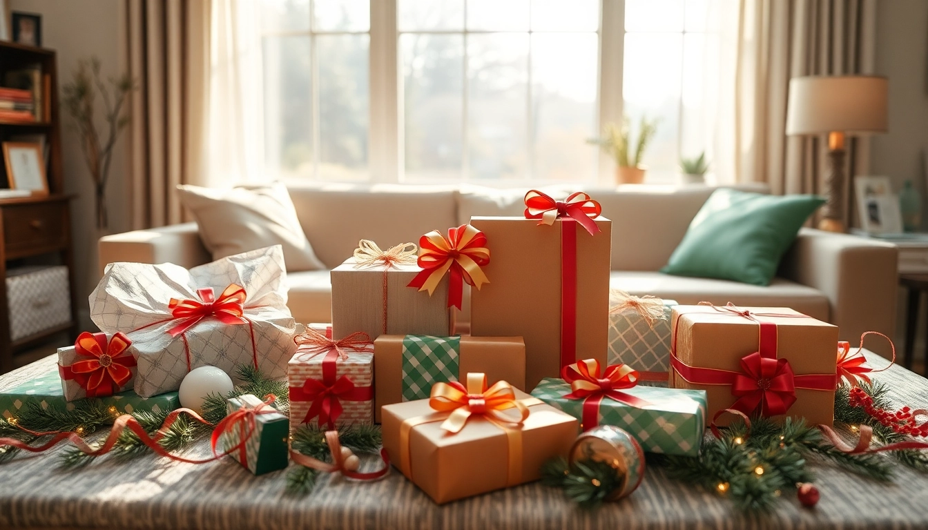 Vielfältige Geschenkideen auf festlichem Tisch arrangiert, perfekt für jeden Anlass.