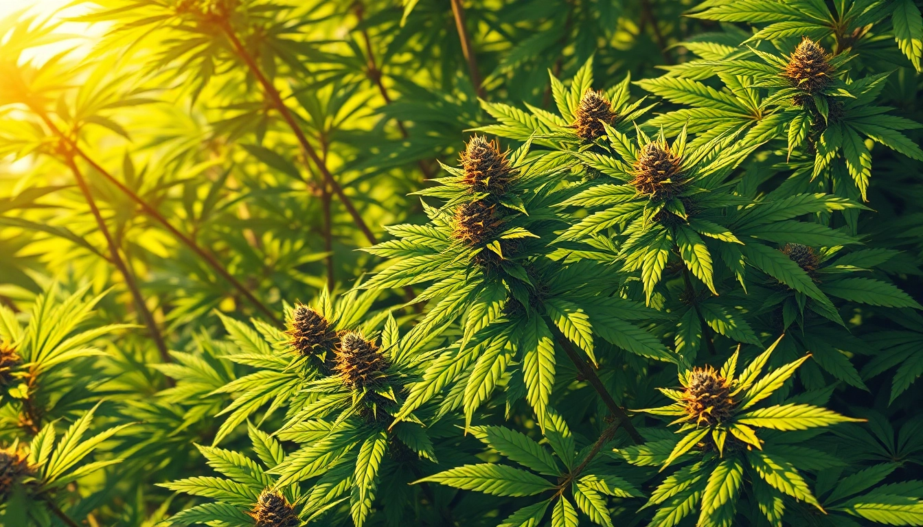 Explore the flourishing OG Kush plants in a vibrant cannabis garden full of lush greenery and resinous buds.