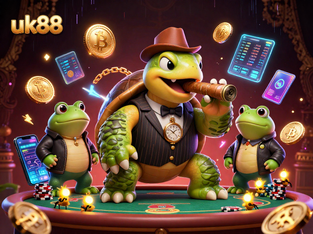 Play exciting casino games with uk88: Illustrating vibrant characters and crypto elements.