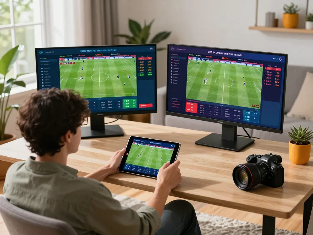 Engaging in tỷ lệ kèo nhà cái hôm nay live betting via tablet in a modern living room setting.