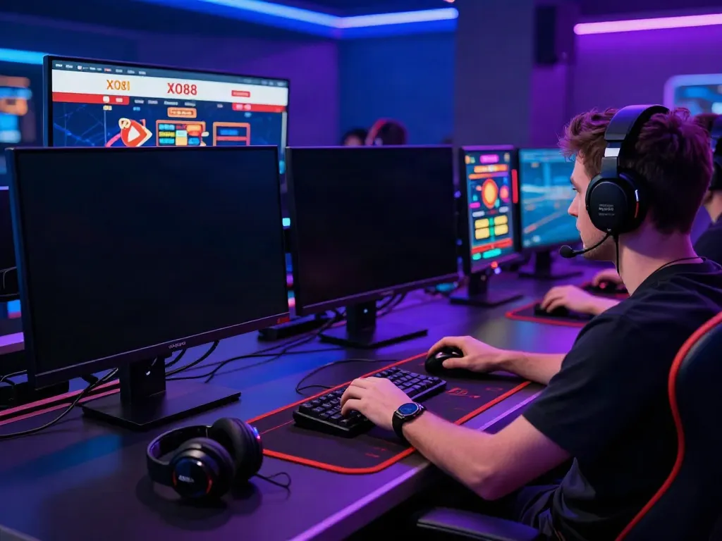 Player engaging with the XO88com betting site on a vibrant gaming setup