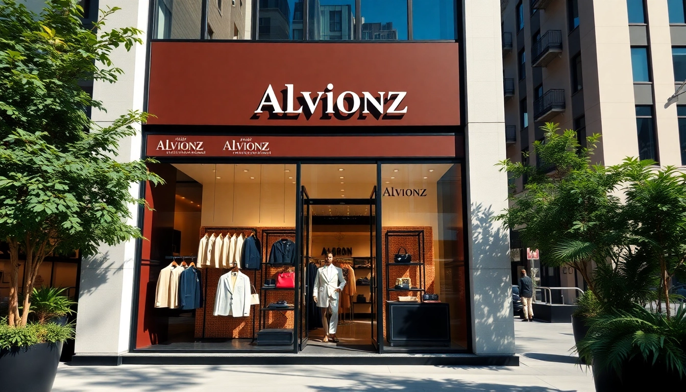 Alvionz luxury fashion store display featuring exquisite garments in a vibrant urban setting.