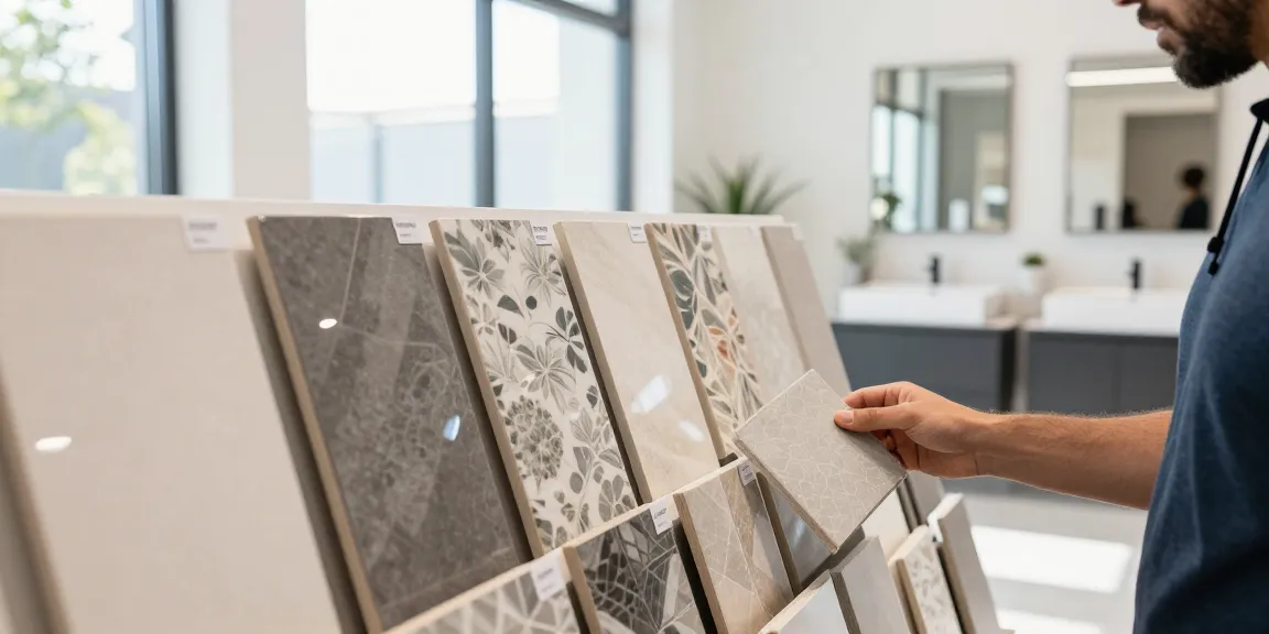 Kiezen van stijlvolle tegels badkamer in een moderne showroom met verschillende kleuren en texturen.