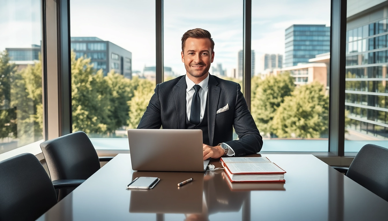 Ein professioneller Headhunter Kassel bei der Arbeit in einem modernen Büroumfeld, umgeben von Technologie und Stadtansicht.
