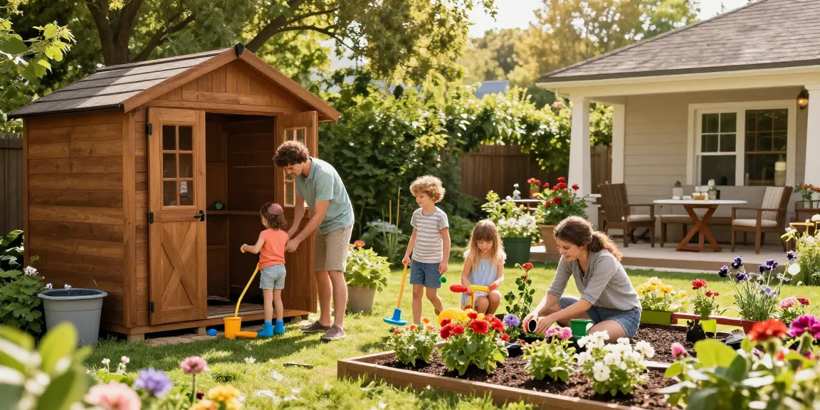 Familie im Garten mit einem stabilen Gartenhaus Holz und bunten Blumen, die eine einladende Atmosphäre schaffen.