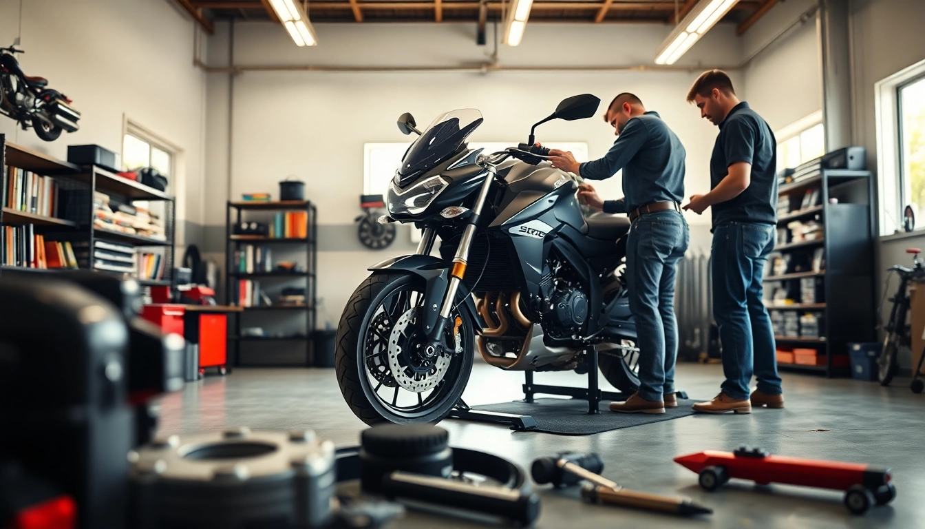 Motorradgutachten Augsburg bei einer professionellen Inspektion in einer hellen Garage.