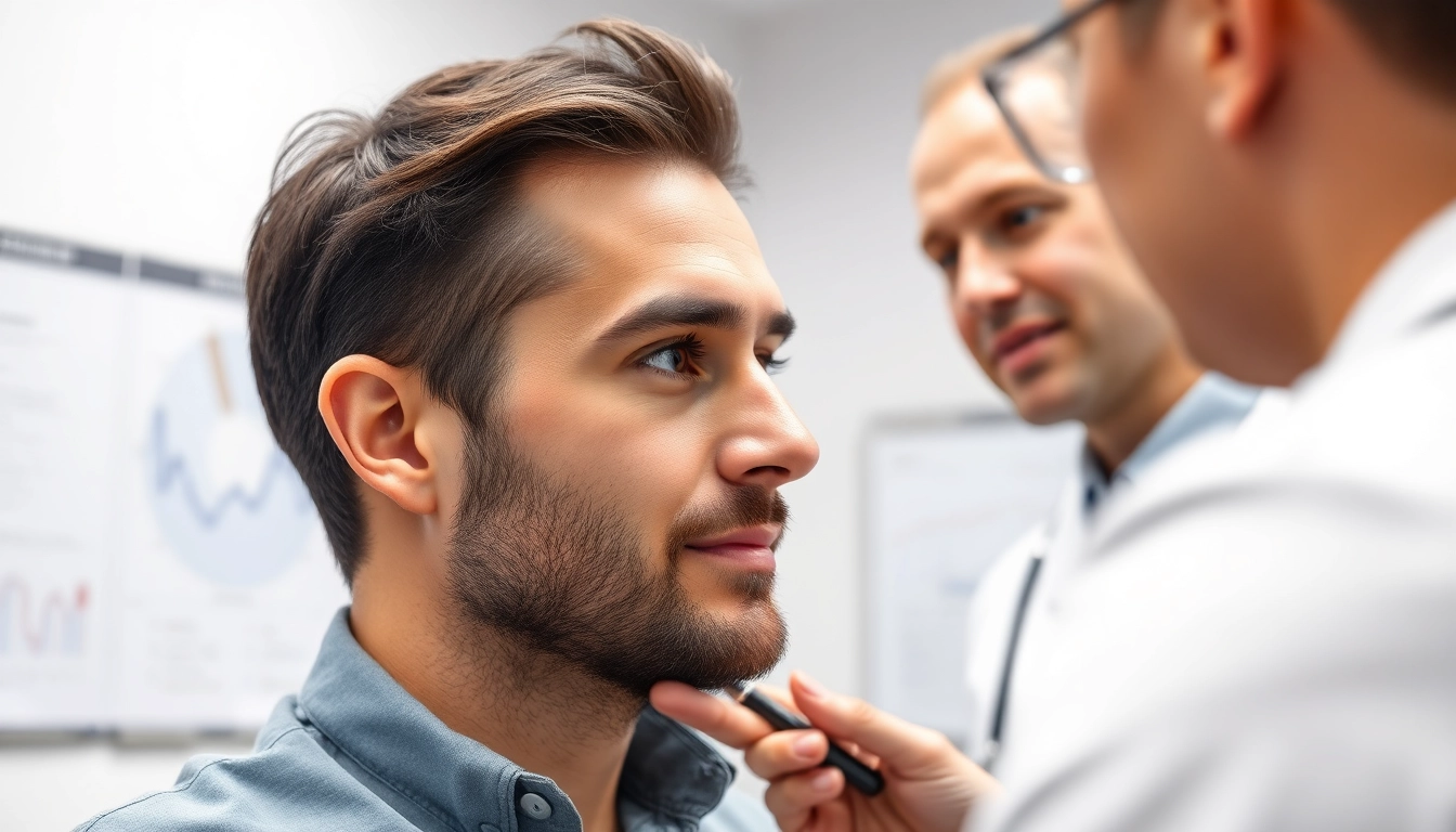 Beratung zum Thema Haartransplantation Türkei kosten zwischen einem Patienten und Arzt in einer modernen Klinik.
