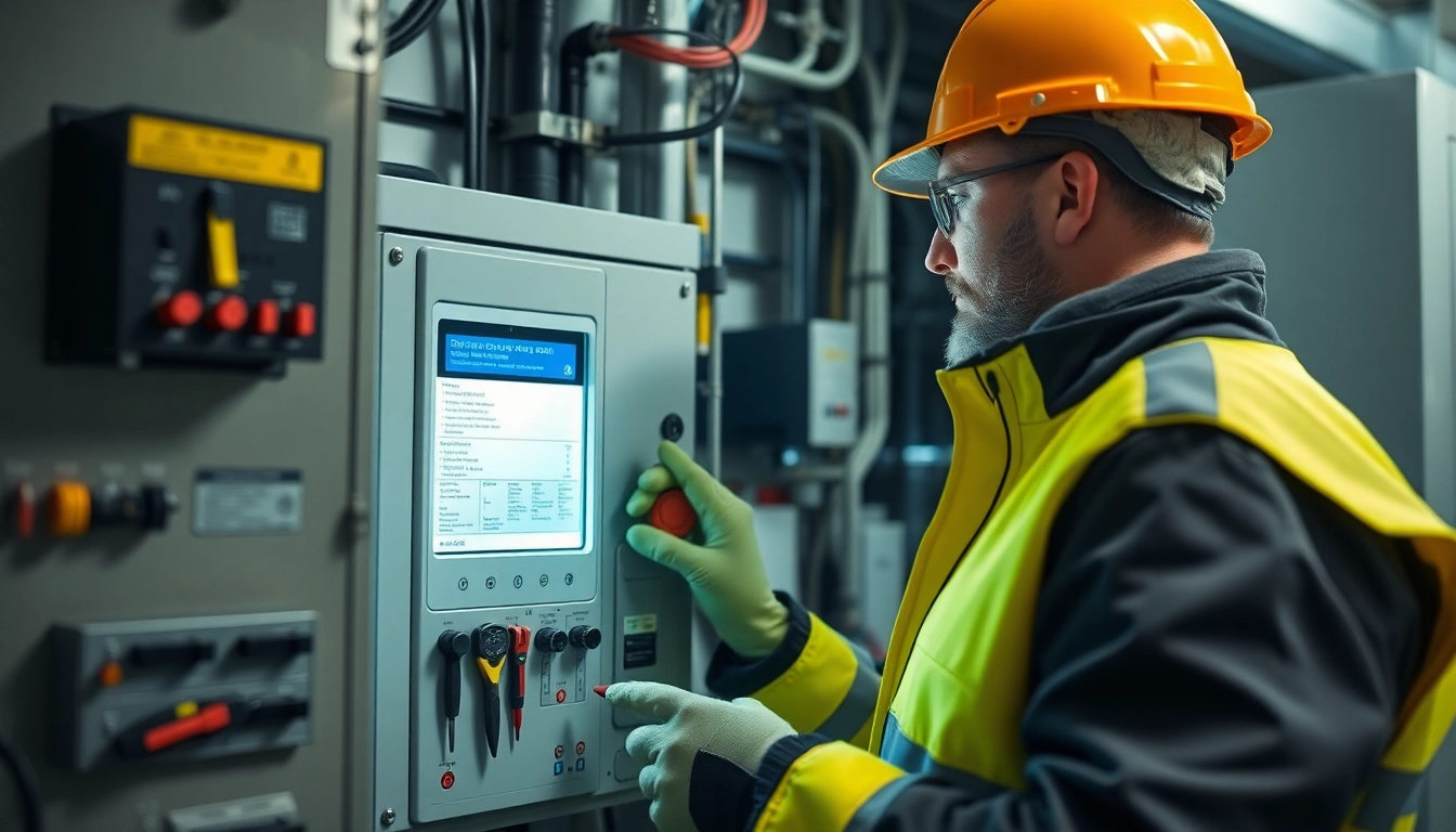 Technician conducting a DGUV V3 Prüfung on electrical equipment, showcasing safety and professionalism.