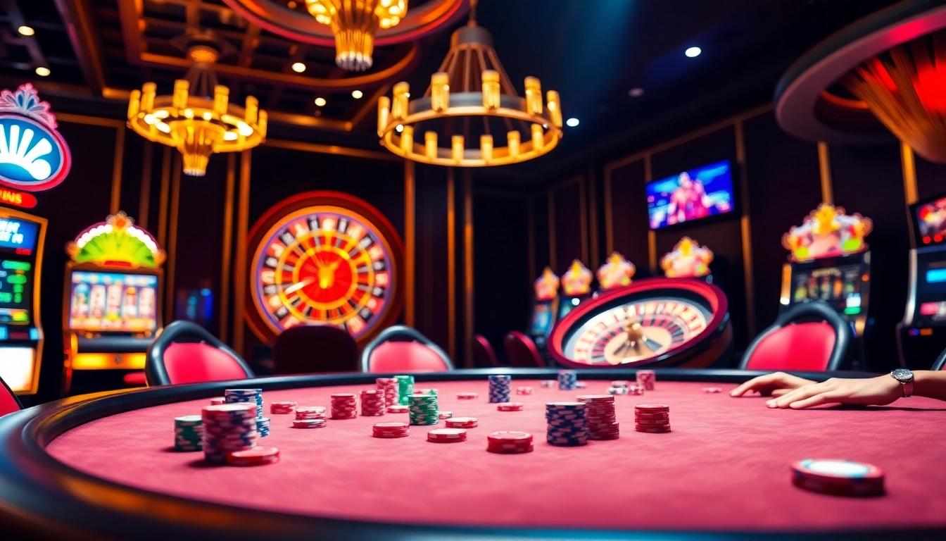 Experience kèo nhà cái trực tiếp in a vibrant casino scene with poker tables, roulette, and slot machines.