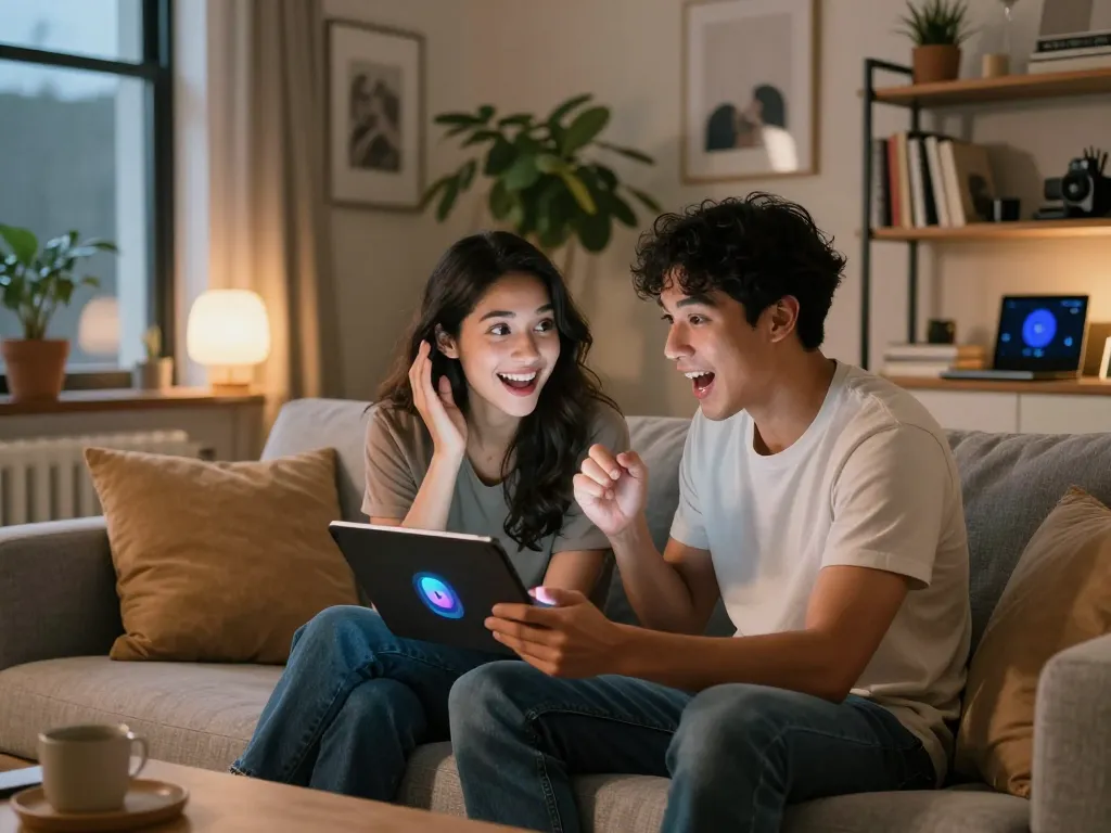 Couple interacting with sexting AI chatbot in a cozy urban living room setting, showcasing curiosity and engagement.
