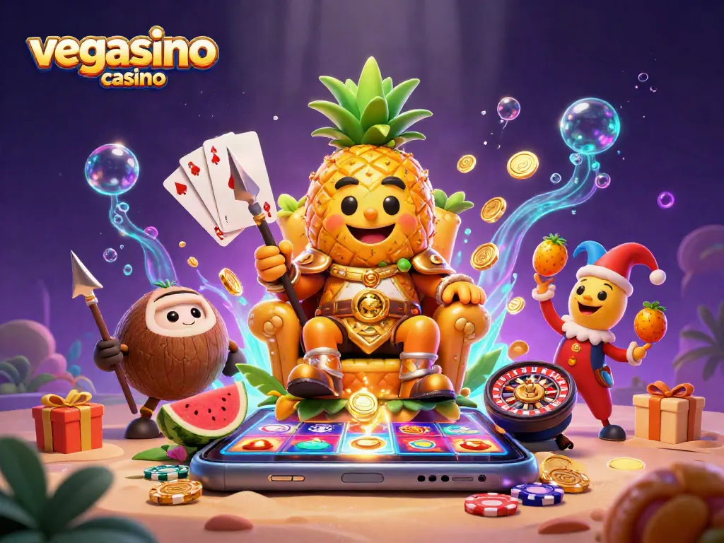 Experience excitement at vegasino casino with vibrant characters and rich gambling elements in an engaging beach scene.