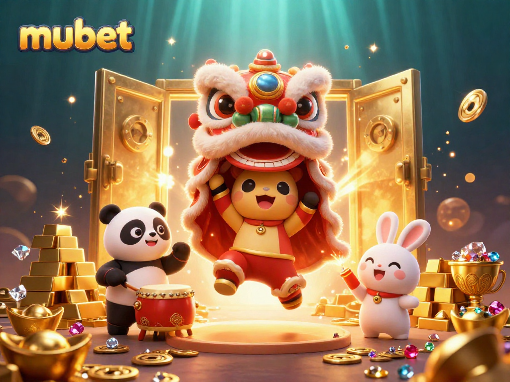 Experience thrilling action at Mubet with a vibrant lion dance and treasure-filled casino scene.