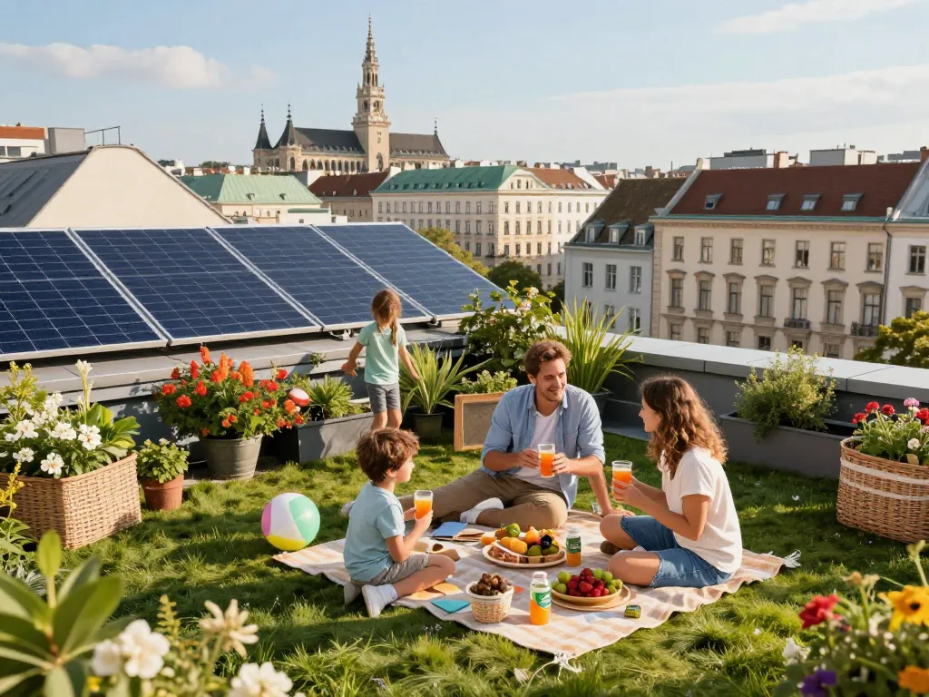 Familie genießt ein umweltfreundliches Picknick auf dem Solar-Dach in Wien, das Solar Wien hervorhebt.