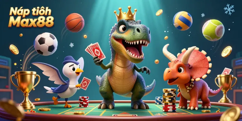 Nạp tiền Max88 featuring a funny T-Rex shuffling cards in a vibrant casino scene with flying sports elements.