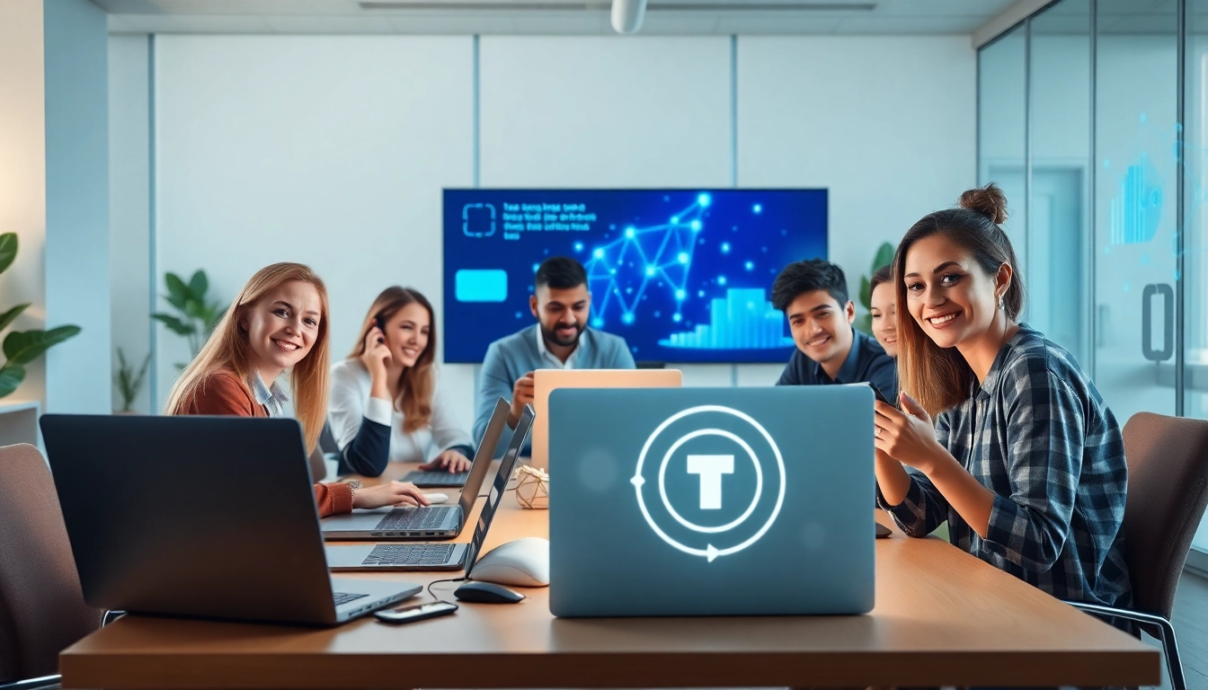 QuickQ下载：多位用户在现代办公室通过 QuickQ VPN 在多台设备上安全连接。