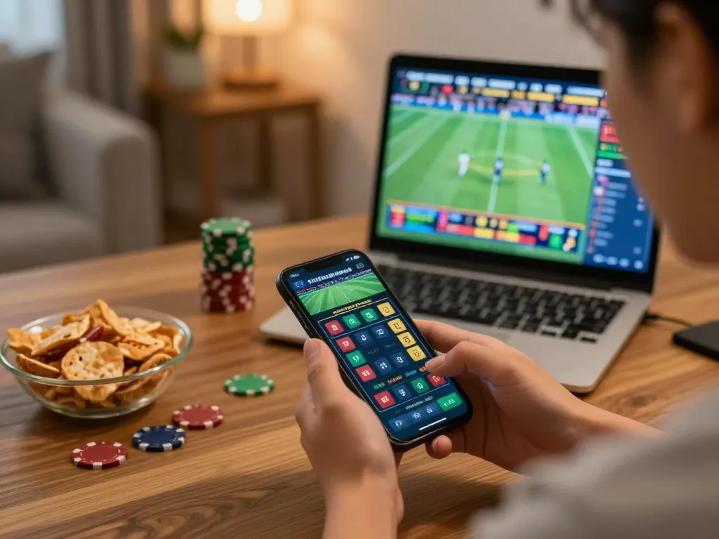 Person using fabet sports betting app on smartphone, analyzing odds in cozy home setting.