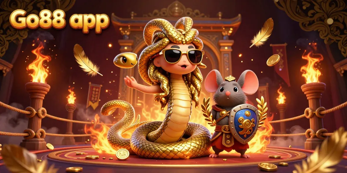 Experience thrilling casino action with Go88 app in a lively 3D illustration featuring Medusa and a warrior mouse.