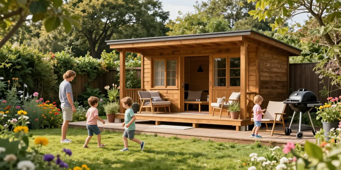 Wunderschönes Gartenhaus im Garten mit blühenden Pflanzen und spielenden Kindern, ideal für Gartenliebhaber.