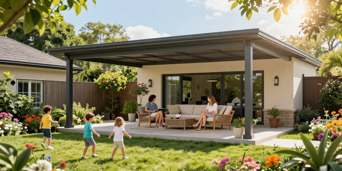 Freistehende Terrassenüberdachung in einem schönen Garten mit Familie, die eine entspannte Zeit genießt.