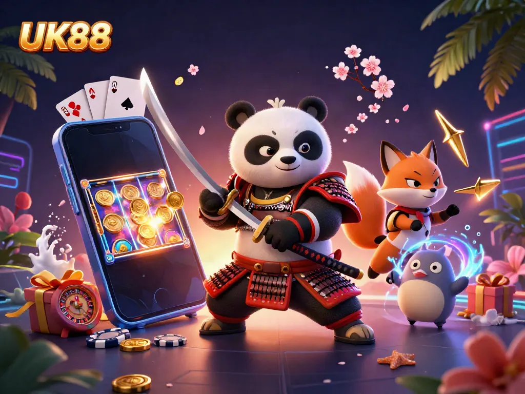 Experience UK88's vibrant gaming world with a dynamic illustration featuring a samurai panda, ninja fox, and magical tanuki.