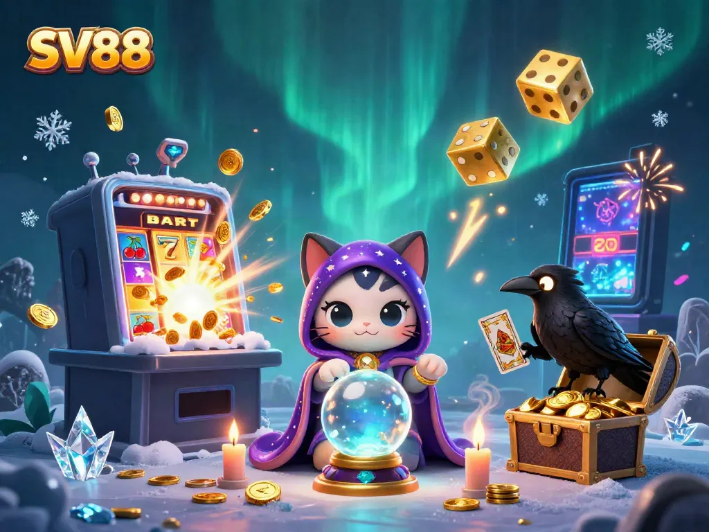 Engage with SV88's vibrant casino universe featuring a fortune teller cat and slot machine energy.