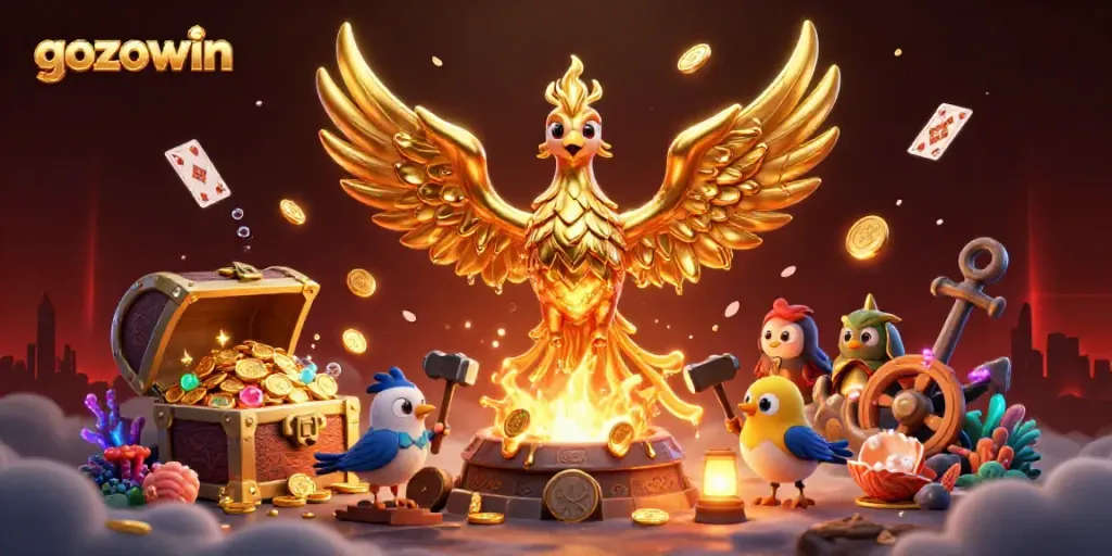 Experience thrilling wins with gozowin's vibrant casino scene featuring golden phoenix and treasure