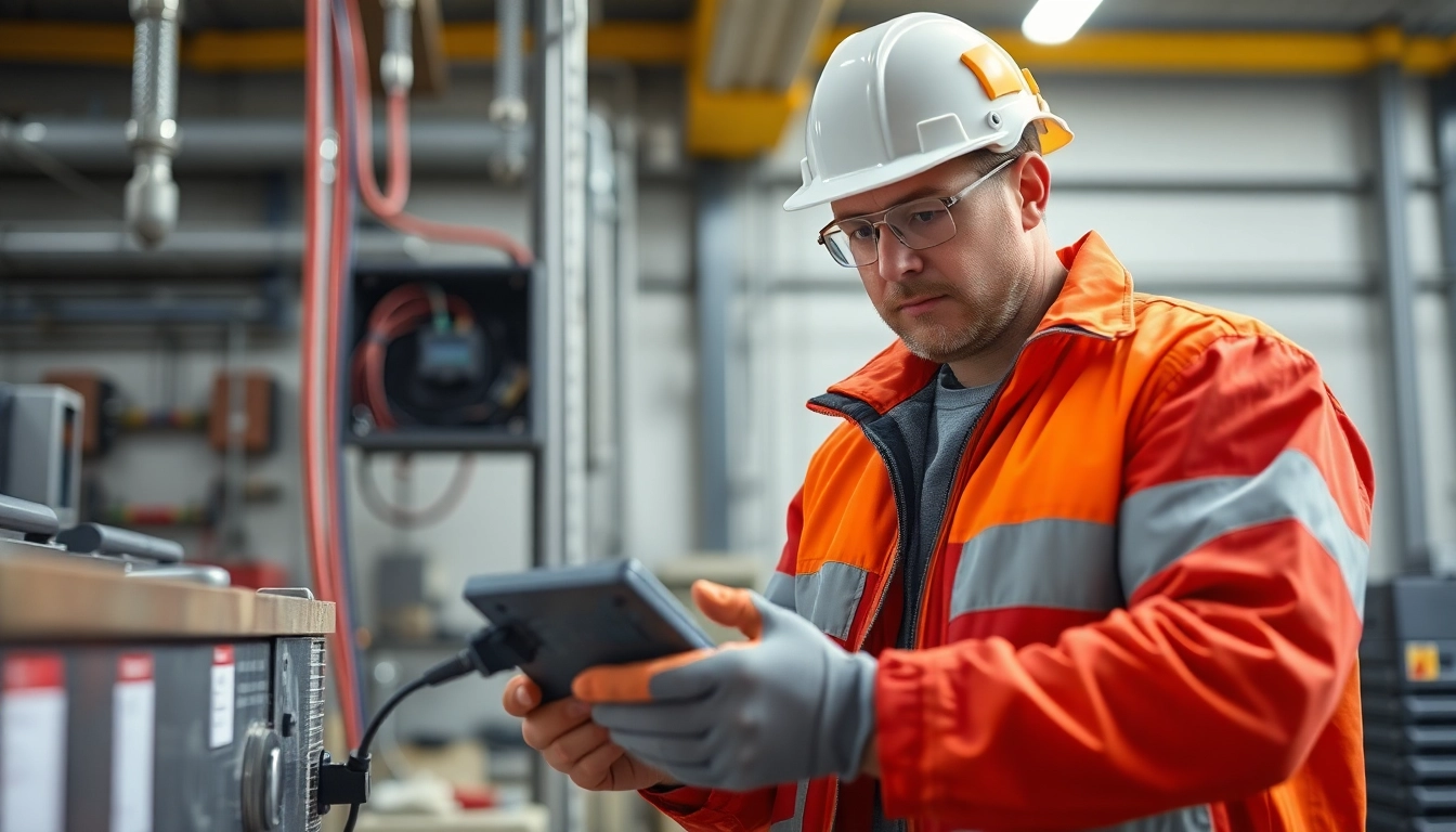 Electrician performing a Prüfung ortsveränderlicher elektrischer Betriebsmittel with safety precautions.