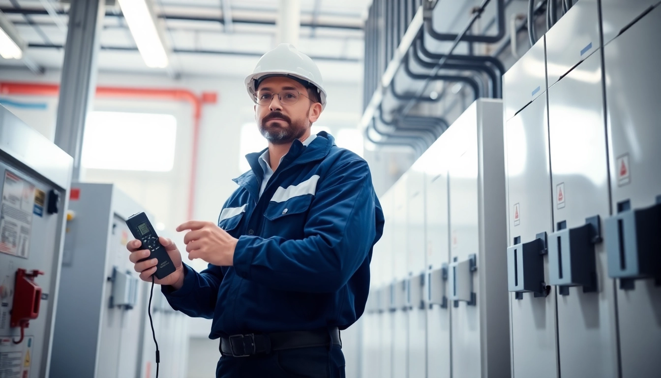 Electrician performing a DGUV V3 Prüfung on electrical equipment, ensuring workplace safety and compliance.