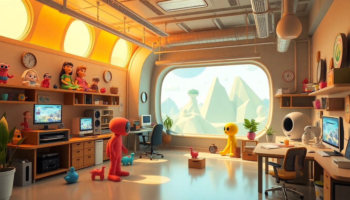 Creative team discussing ideas in an Animation Agency environment with modern 3D models.