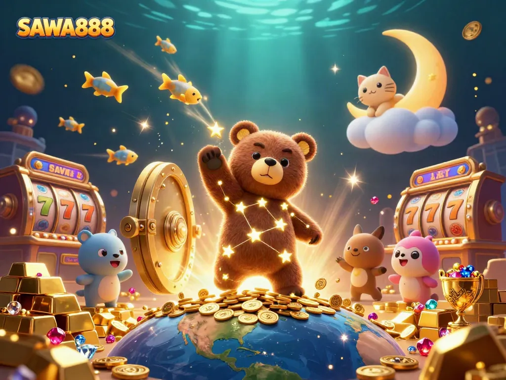 Experience thrilling wins with SAWA888 in a vibrant casino scene featuring a constellation bear and golden treasures.