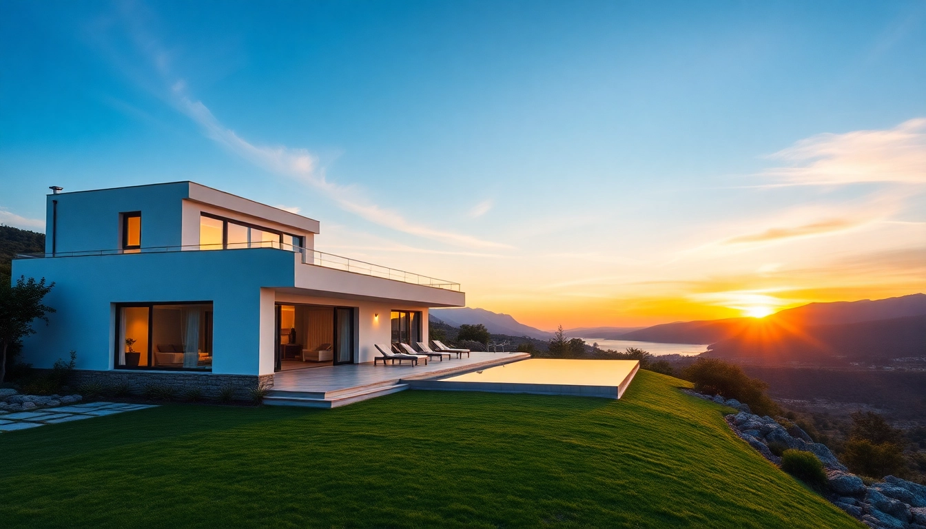 Immobilien Nordzypern: Elegante Villa bei Sonnenuntergang mit luxuriösem Ambiente und mediterranem Charme.