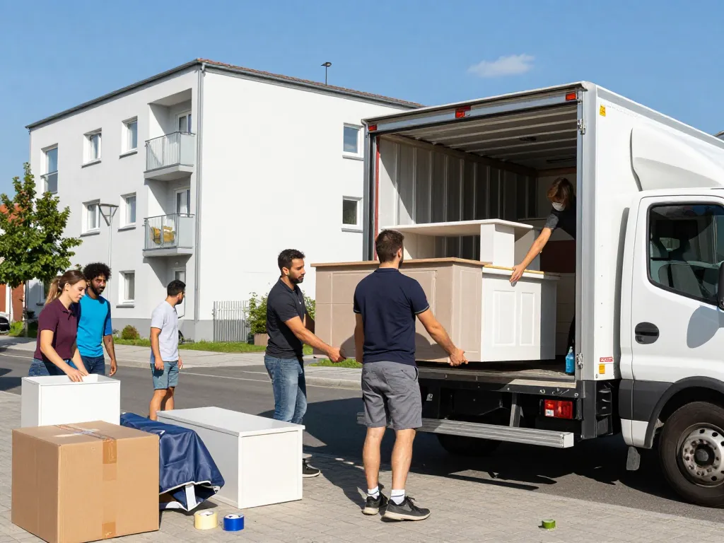 Zuverlässiges Umzugsunternehmen Hannover-Team lädt effizient den Umzugswagen mit Möbeln und Zubehör.