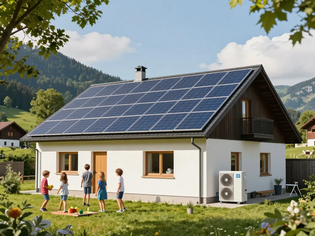 Photovoltaik Bayern zeigt ein modernes Zuhause mit Solarpanels und Wärmepumpen, umgeben von einer lebhaften bayerischen Landschaft.