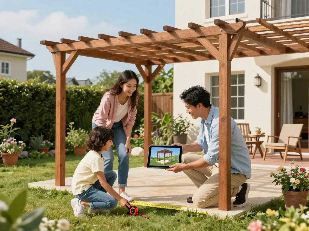 Eine engagierte Familie, die mit einem Tablet eine Pergola 3D in ihrem Garten konfiguriert und dabei die Aufregung des Designs in Echtzeit zeigt.