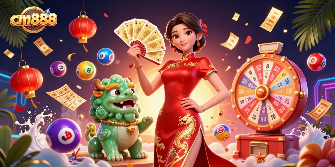 Experience thrilling casino moments with cm888 through vibrant 3D illustration of a qipao-clad woman and exciting game elements.